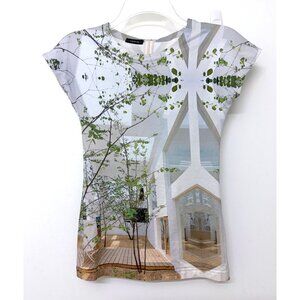 Akris House N T Shirt Tee Top Floral Tree Wooden Walkway Gray Cotton 2